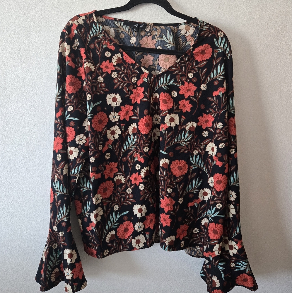 Autumnal Colored Floral Bell Sleeve Blouse